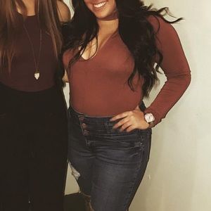 Rust cutout front mock neck top